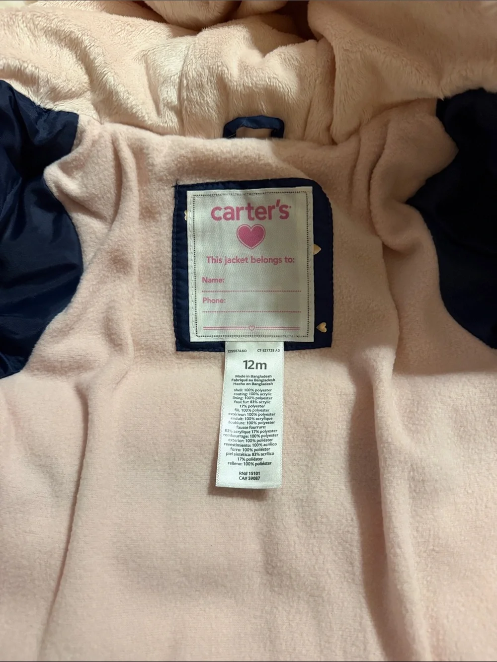 Carter's Navy Puffer Jacket with Pink Faux-Fur Hood